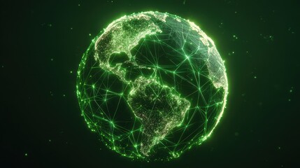 Glowing Green Earth Model with Particle Orbits in Dark Space Showing Global Connections and Technological Innovation for Background Concept