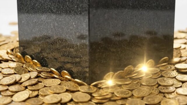 Kaaba model surrounded by a pile of shiny gold coins, representing the financial aspects and expenditures associated with the pilgrimage to mecca and islamic finance