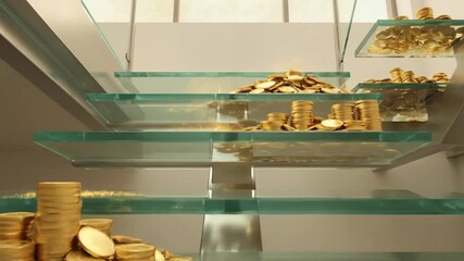 Glass staircase with gold coins and gold dust accumulating on each step, visualizing concepts of long-term investment, steady financial growth, and increasing wealth over time