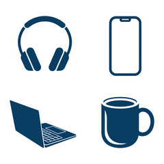 headphone mobile laptop and tea cup silhouette set vector illustration