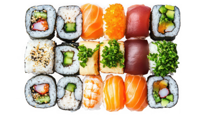 Fresh Rainbow Sushi Rolls with Salmon, Tuna, and Avocado Isolated on White