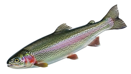 Rainbow trout isolated PNG, freshwater fish with colorful iridescent stripe for fishing and aquaculture themes on transparent background