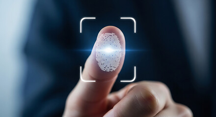 Closeup of a finger with a digital fingerprint scan on a dark background security