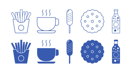 Fast food and drinks blue icon set vector art