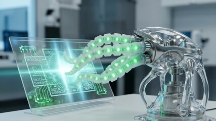 Robot hand with glowing fingertips taps a transparent display of digital banknotes, bitcoin symbols and qr codes, illustrating ai-driven cryptocurrency finance and secure futuristic transactions - Powered by Adobe