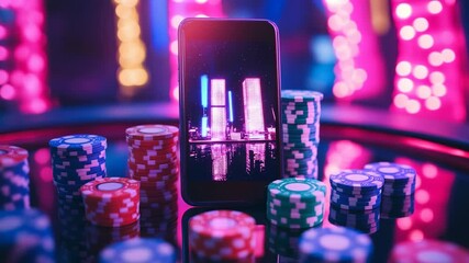 A hightech casino buzzes with energy as a stylish businessman and fashionable businesswoman compete amid dazzling screens and vibrant poker chips creating a captivating atmosphere of gaming excitement - Powered by Adobe