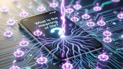 Smartphone screen asks what is the meaning of life? With a glowing circuit board and digital vines sprouting from a question mark linking ideas of purpose, knowledge and connection - Powered by Adobe