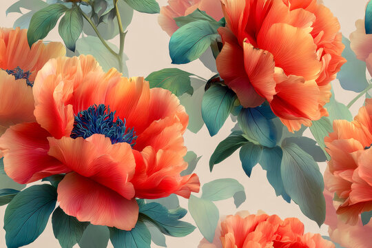 Vibrant orange flowers with lush green leaves in a seamless botanical pattern exhibiting intricate petal details and artistic texture on a soft background - Powered by Adobe