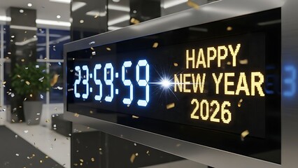 Digital countdown clock celebrating New Year 2026 with festive effects