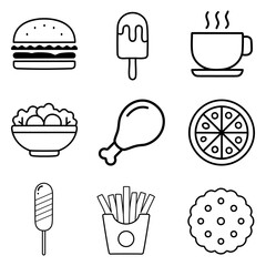 Outline illustration of 9 fast food icons for web