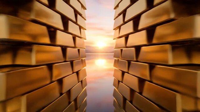 Gold bars forming a tall, cylindrical stack reflect in the calm waters of a lake, with misty mountains under a colorful sunrise sky, symbolizing wealth, investment, and abundance