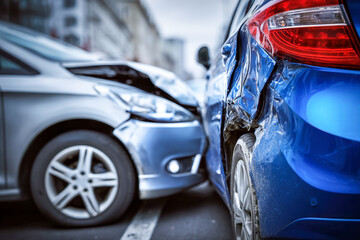 Two damaged cars involved in a collision on a city street showing significant dents and scrapes on their side and front panels under natural daylight conditions