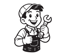 Smiling Cartoon Mechanic Ready to Help with Tools and Service