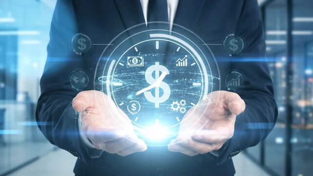 Businessman presenting a time management hologram with financial symbols, clock hands, and gears, illustrating the concept of prioritizing productivity, investment, and efficiency in business
