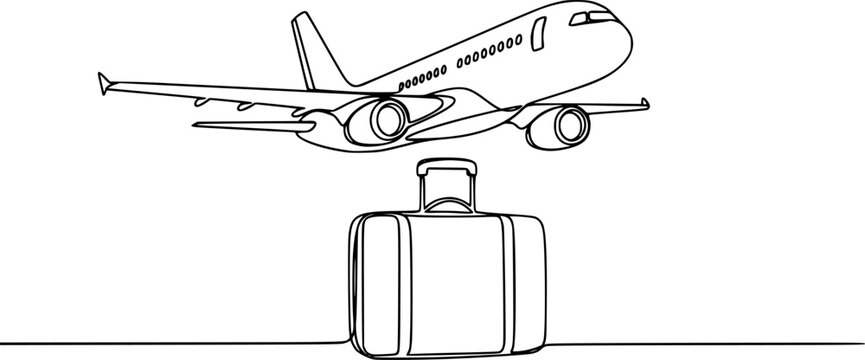 Airplane continious one line art style vector with transparent background, Airplane one line drawing on a white background, Suitcase and airplane drawn with one editable ontinuous single line drawing.