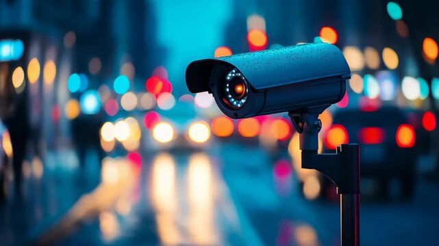 Modern blue-lit surveillance camera capturing futuristic city views under glowing neon lights, representing high-tech observation, digital privacy urban control and smart security systems architecture