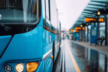 Fototapeta premium Blue city bus waiting at a rainy urban transportation terminal with blurred background and illuminated headlights on a wet platform
