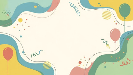 Colorful abstract background with balloons, confetti, and swirly lines, perfect for party invitations or celebration designs