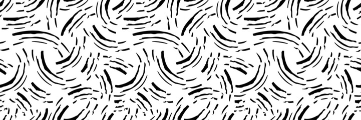 Seamless Abstract Black and White Curved Brush Stroke Pattern, Hand Drawn Grunge Ink Arches and Wavy Lines Texture Background.