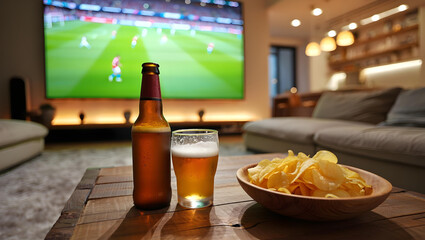 Ice-cold beer and chips on table during evening football match at home