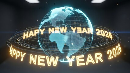 Happy New Year 2026 globe with yellow neon text and swirling lines around it