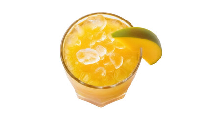 Refreshing mango cocktail with ice cubes and mango slice isolated PNG, tropical summer drink on transparent background