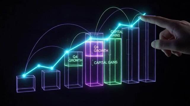 Hand tapping on a vibrant holographic bar chart displaying q4 growth and capital gains, representing future business analysis, data visualization, and financial planning in innovative technology