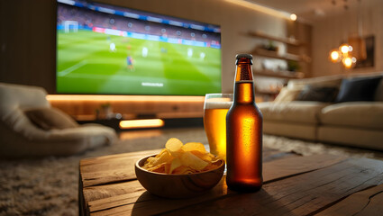 Ice-cold beer and chips on table during evening football match at home