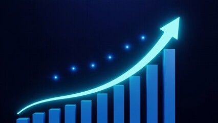 Glowing cyan arrow curves upward over blue bar chart symbolizing strong financial growth and positive trends