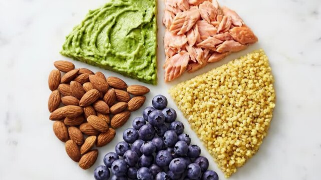 Portioning a balanced diet into a pie chart shape on a white marble surface, showing various healthy food groups like salmon, blueberries, almonds, avocado, and quinoa