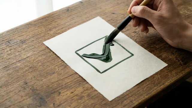 Hand holding a calligraphy brush, painting a green check mark inside a square on a piece of rough paper, symbolizing approval, completion, and choosing