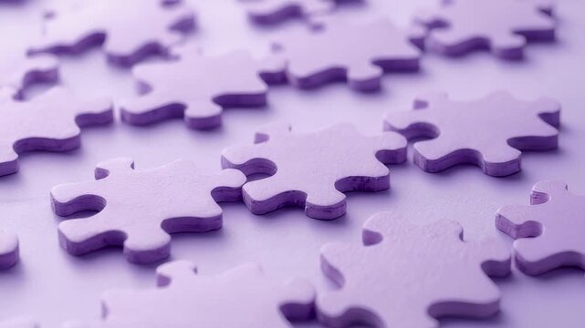 Scattered purple jigsaw puzzle pieces spread across a flat surface creating a clean abstract concept of problem solving organization and creative thinking