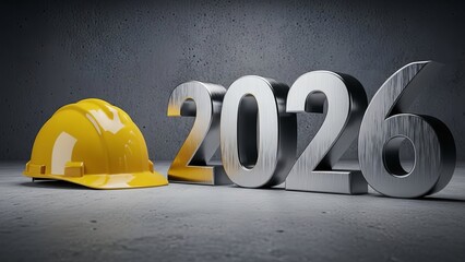 Yellow construction hard hat rests beside large metallic 2026 numbers symbolizing future building projects