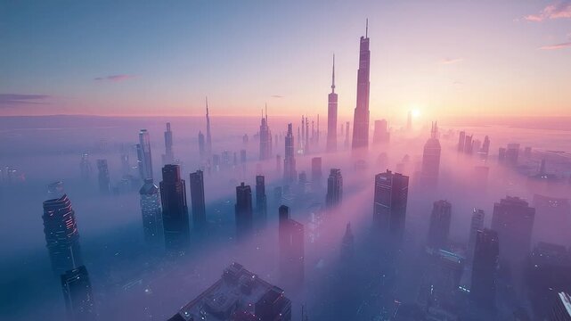 Aerial sunrise view of modern megacity skyline rising through morning fog with tall skyscrapers glowing softly above clouds and mist