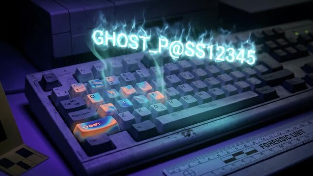 Password ghost_p@ss12345 appearing above a vintage keyboard with illuminated keys on a forensic unit desk, representing cybercrime, data breach, and security concept