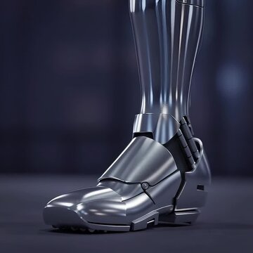 Propulsion Unit Detail, metallic robotic leg with a glowing blue energy core at the knee, set against a blurred