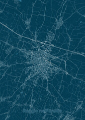 map of Reggio nell'Emilia, Italy. The map is rendered in a minimalist style, with white lines representing streets and roads against a dark blue background.