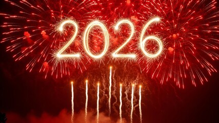 Spectacular red fireworks illuminate the night sky spelling out the glowing numbers two thousand twenty six