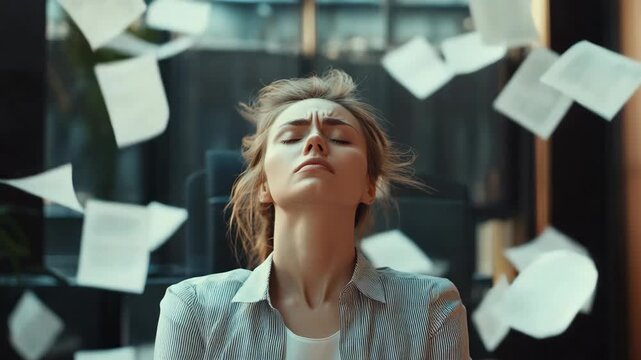 Stressed businesswoman surrounded by flying papers in messy office, symbolizing burnout overload corporate breakdown frustration despair emotional collapse, deadlines, and dramatic workplace lifestyle