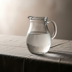Elegant clear glass pitcher with fresh water on linen tablecloth still life