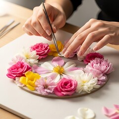 Floral Design Composition with Woman Arranging Beautiful Flower Circle