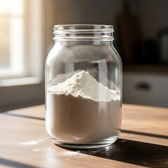 Flour in a Glass Jar on Wooden Table, Baking Ingredient Preparation