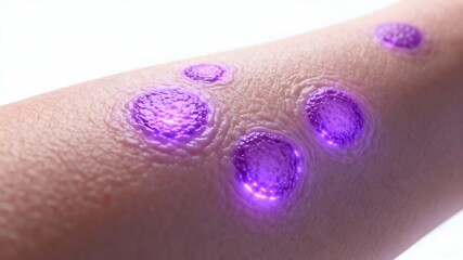 Fototapeta premium Close-up of skin with glowing purple hives histamine reaction visualization. White background.