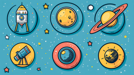 A vibrant collection of space themed illustrations featuring a rocket, planets, a telescope, and stars, perfect for educational or decorative purposes.