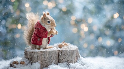 A cute squirrel dressed in a red coat, eating a nut, perched on a snowy tree stump, with bokeh lights