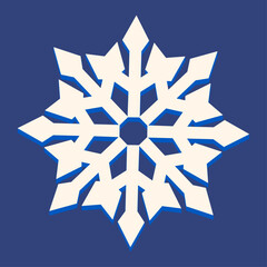White paper snowflake with pointed branches and hexagon center on deep blue background. Simple winter and Christmas motif suitable for greeting cards, wrapping paper, textiles 