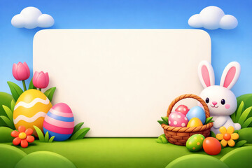 Cute Easter Bunny with Colorful Eggs and Blank Card