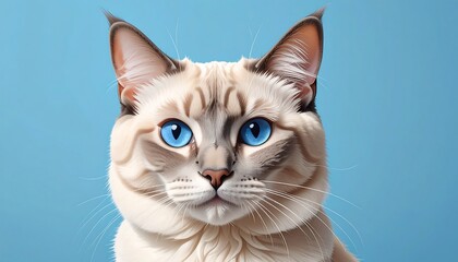 Striking close-up of a lynx point cat with bright blue eyes, against a soft teal backdrop, capturing its beauty