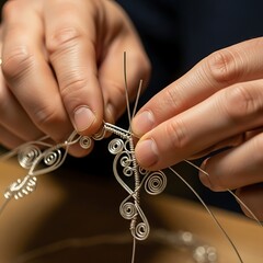 Hands shaping delicate silver wire jewelry with intricate design elements