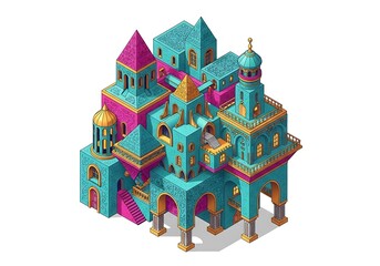 Isometric fantasy architecture, colorful tower with stairs and arches design